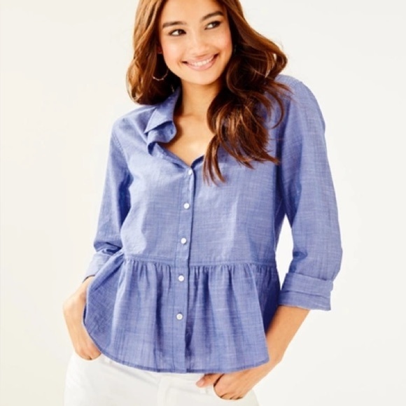 Lilly Pulitzer Carina Peplum Button Down Top Blue Haven XXS L1 - Picture 1 of 7
